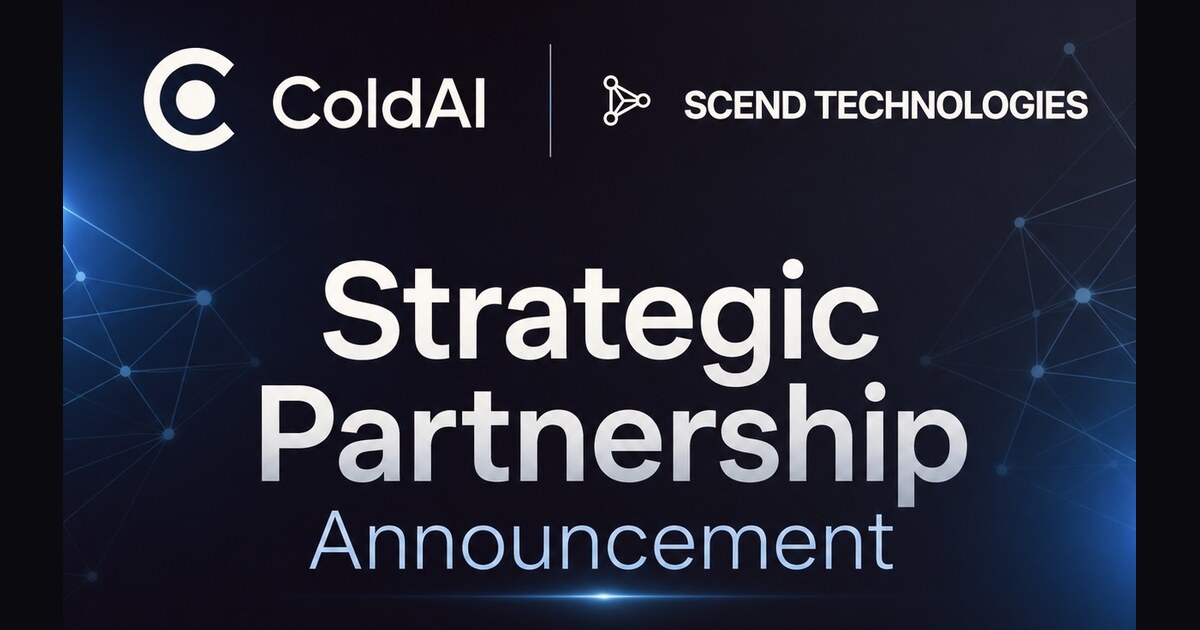 ColdAI and Scend Technologies strategic partnership announcement banner with both company logos on a dark background.
