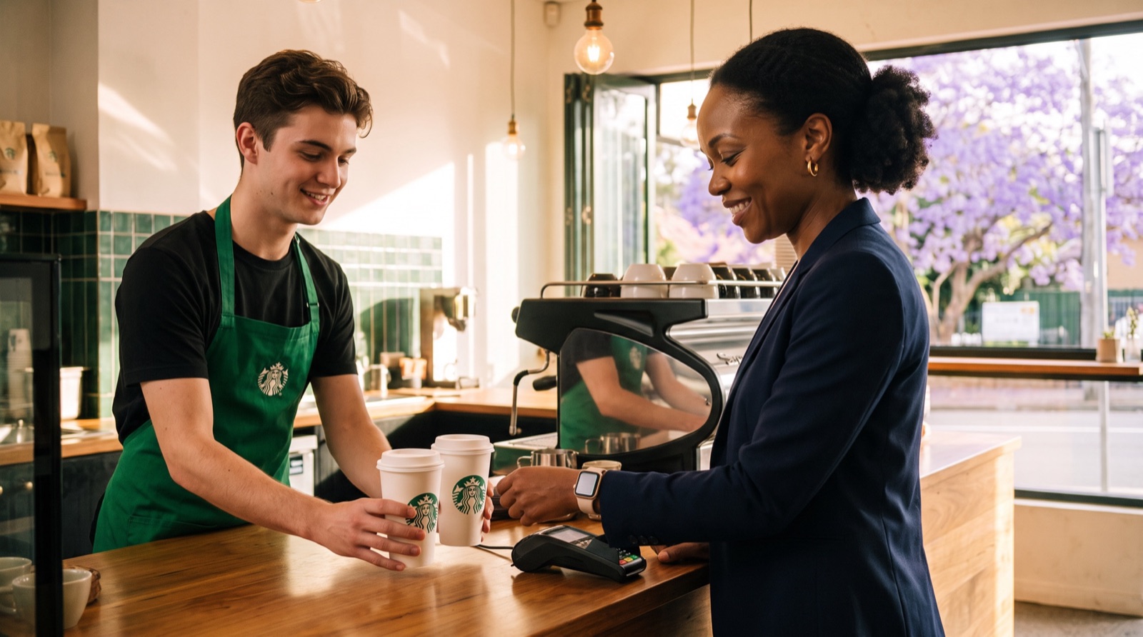 Amara tapping her watch on the payment terminal at a Starbucks counter as the barista hands over two lattes