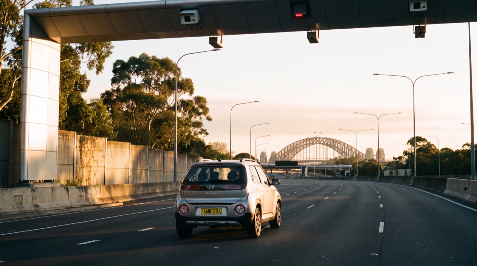 A small silver hatchback driving under a Sydney motorway gantry at golden hour, the Harbour Bridge behind
