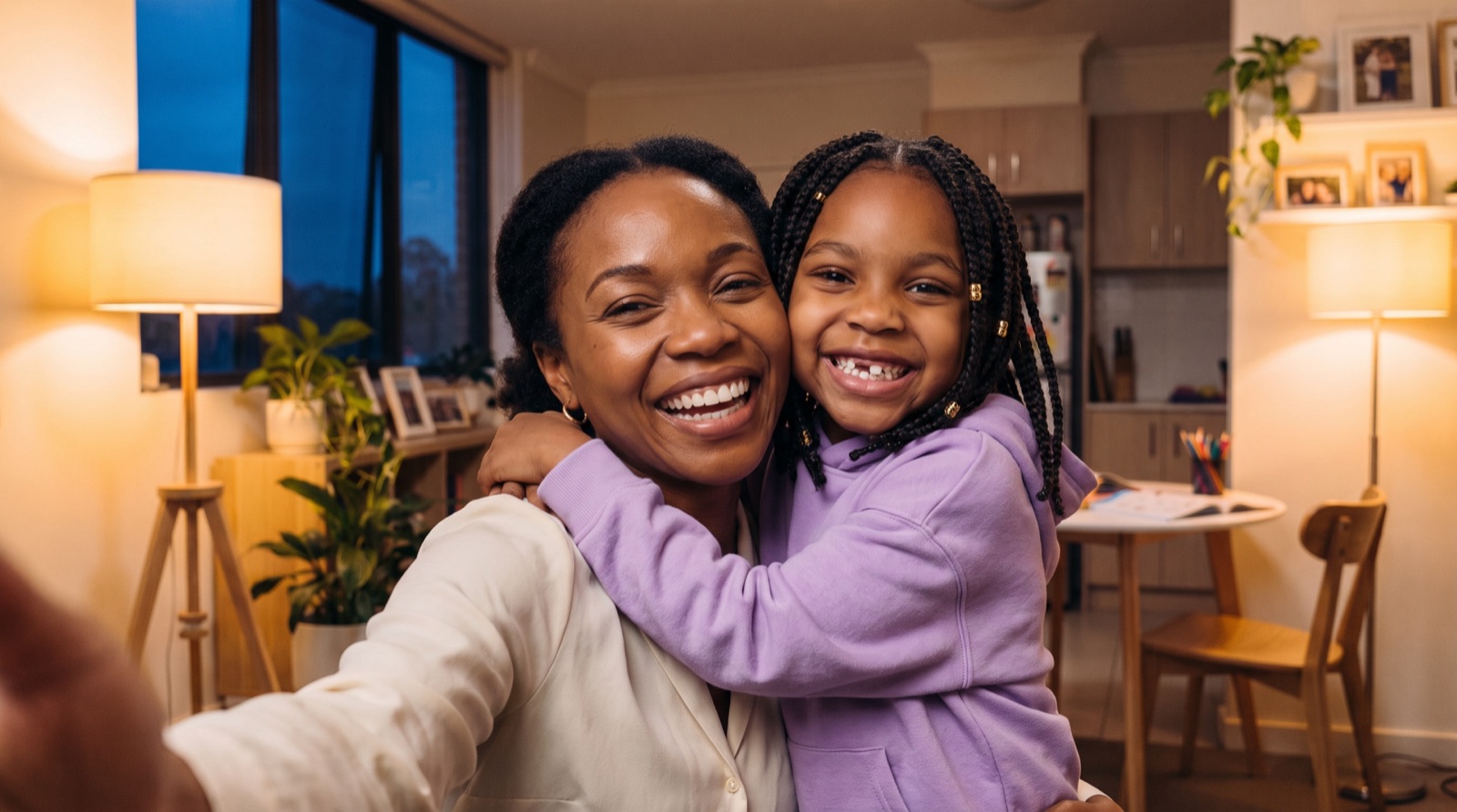 Amara and her daughter Zuri cheek to cheek, laughing, in a selfie