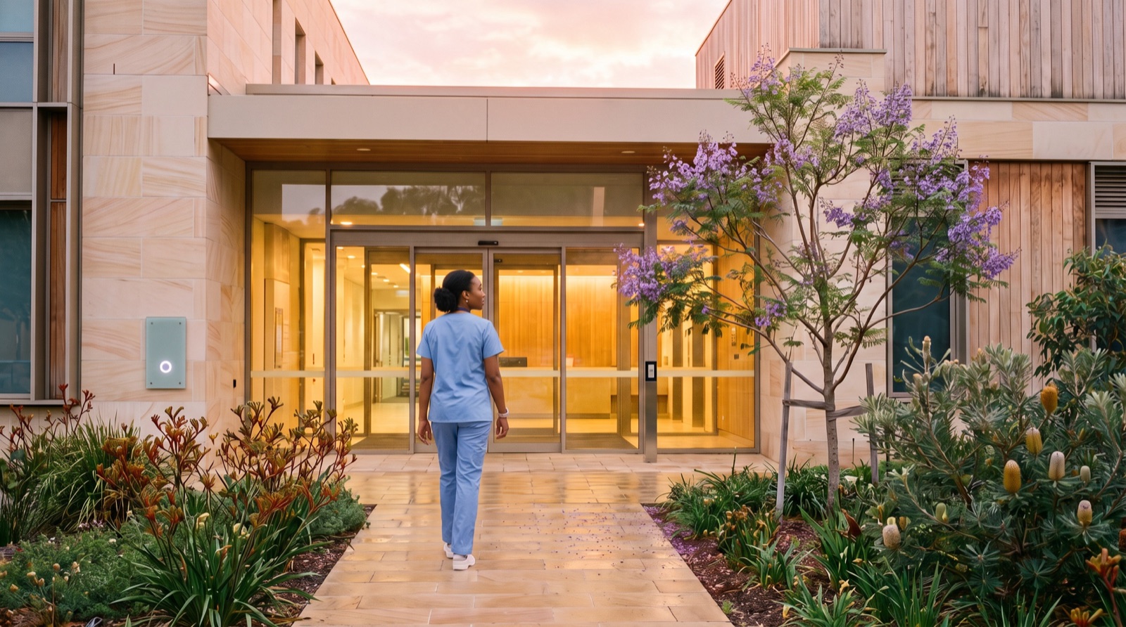 Amara in nursing scrubs walking up to the hospital's glass staff entrance at dawn