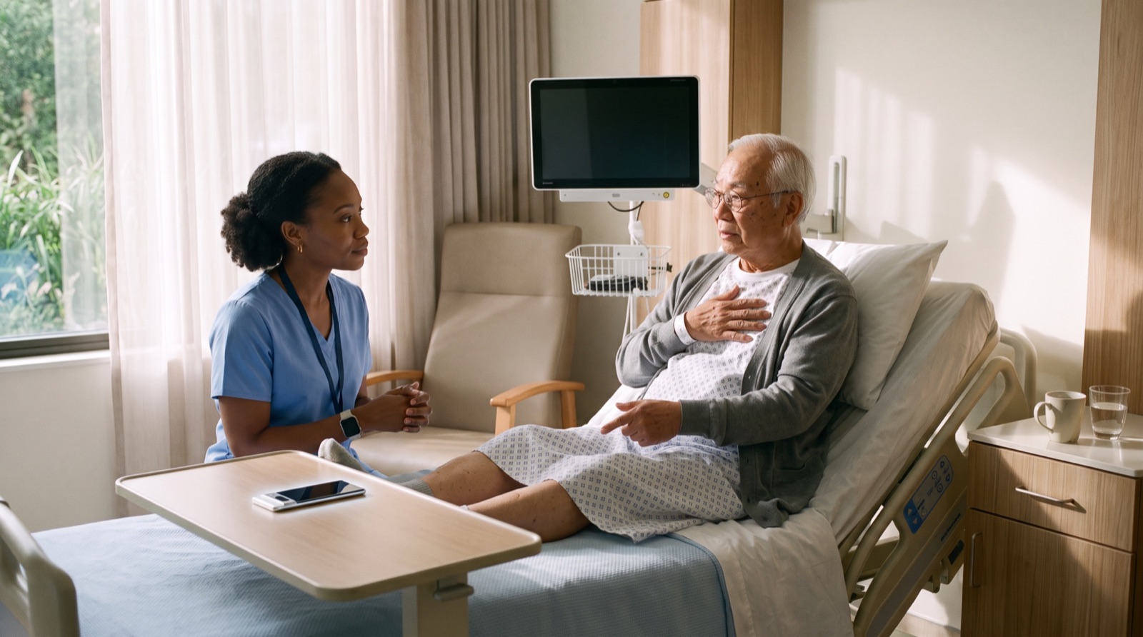 Amara kneeling at eye level beside an elderly patient sitting up in his hospital bed
