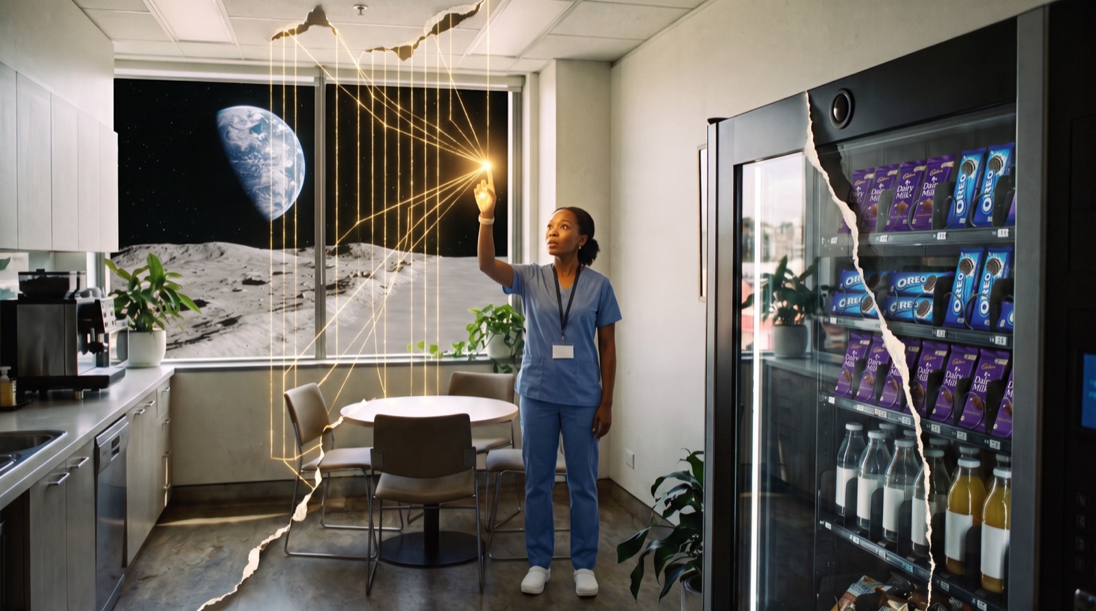 Amara drawing glowing threads in the air as the break room peels away to a lunar landscape