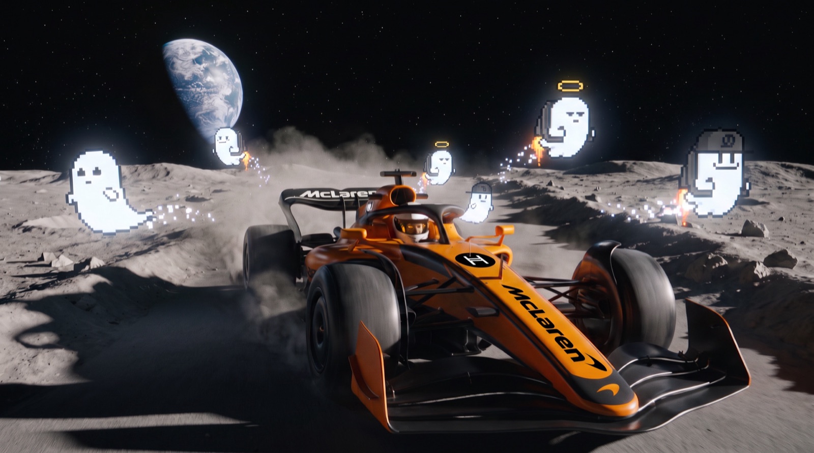 A papaya-orange Formula 1 car racing across the Moon, pixel-art ghosts swooping around it, Earth on the horizon