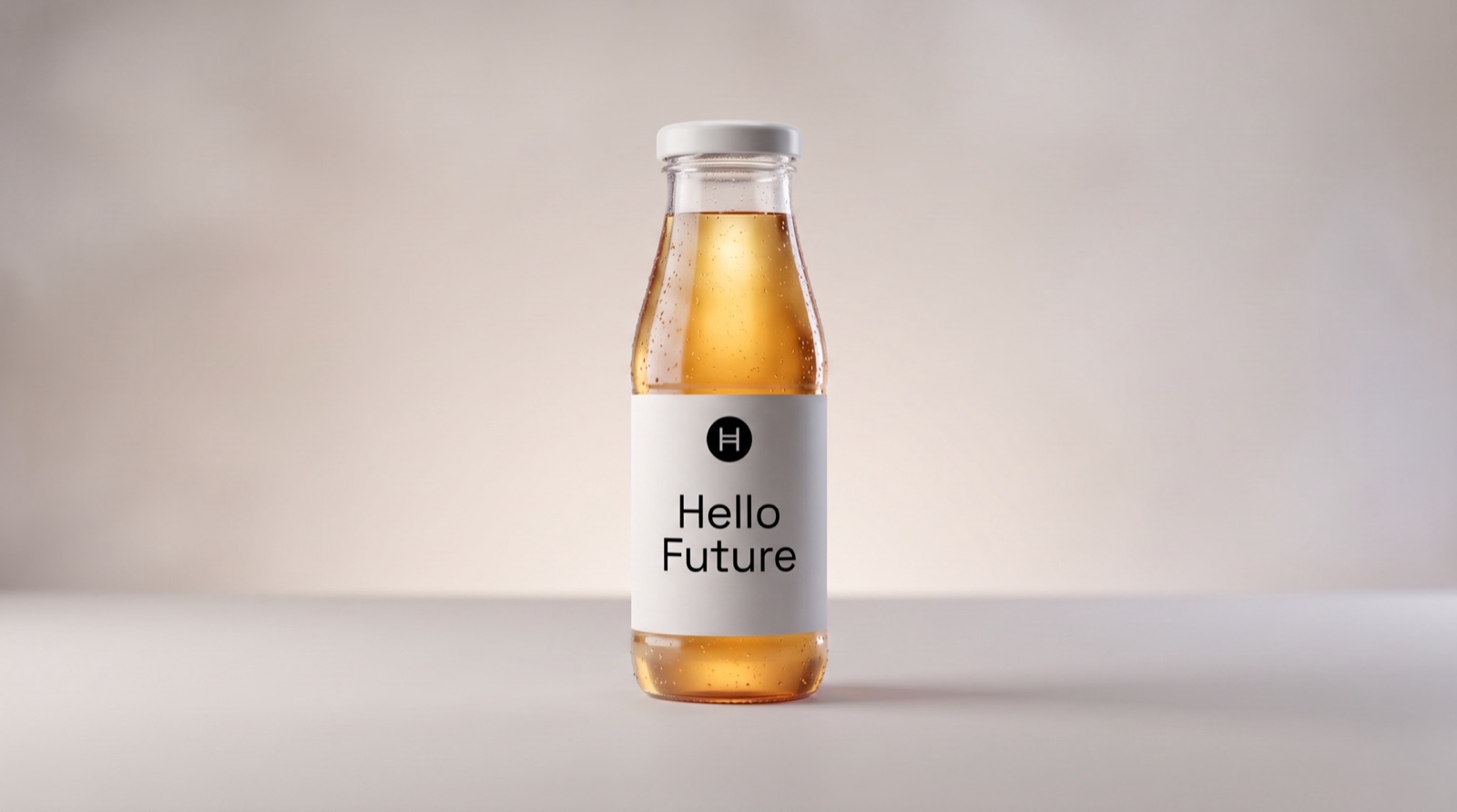 A glass bottle of Hello Future juice