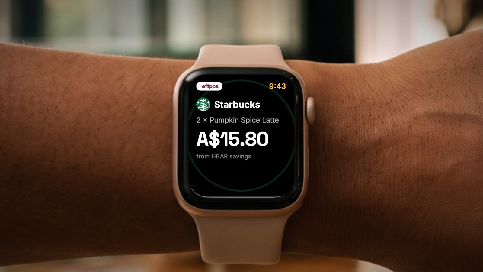 Her watch face approving two pumpkin spice lattes with eftpos