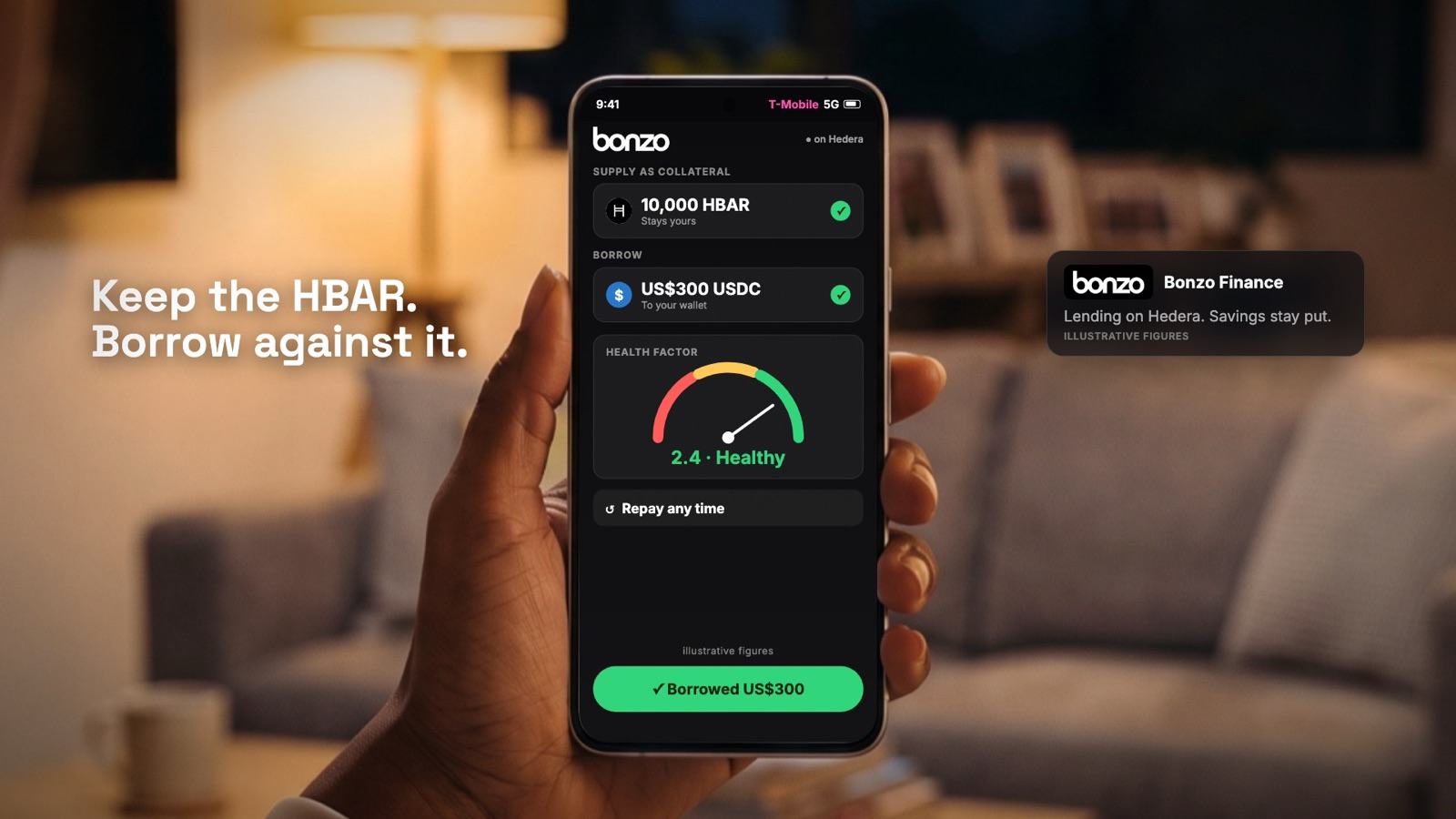 Her phone showing a Bonzo Finance loan against HBAR savings, health factor in the green