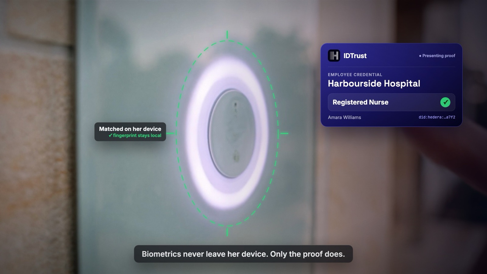 A fingertip on a glowing reader, matched on her device; the IDTrust employee credential beside it