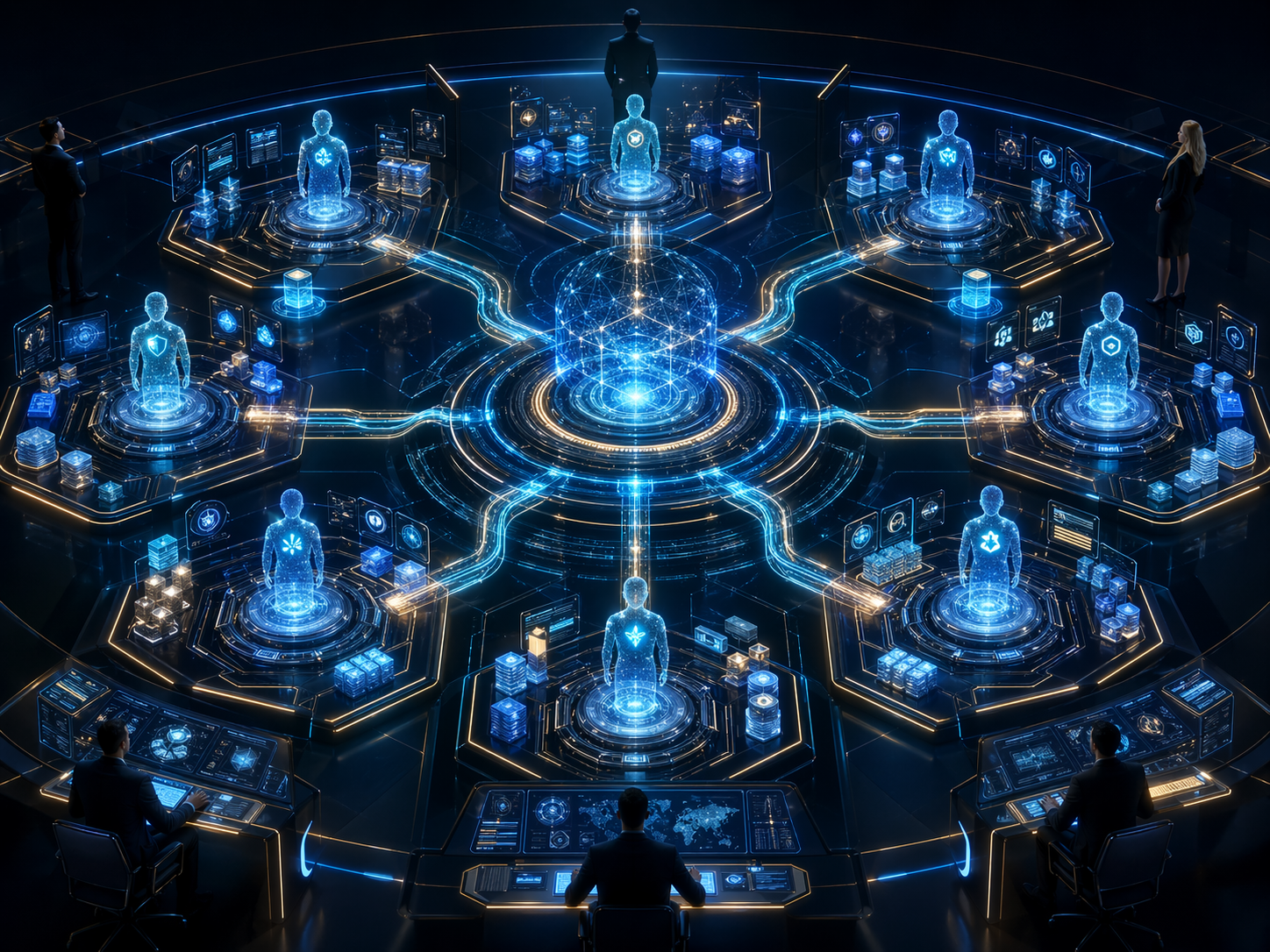 Agentic workforce architecture — digital employees connected to tools, memory, data, controls, and human supervisors