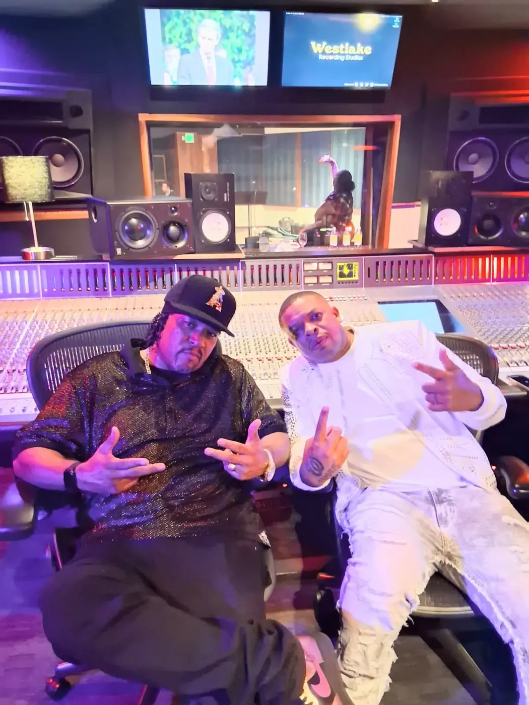 Frank “Nitty” Gibson Jr. with a colleague at the mixing console at Westlake Recording Studios